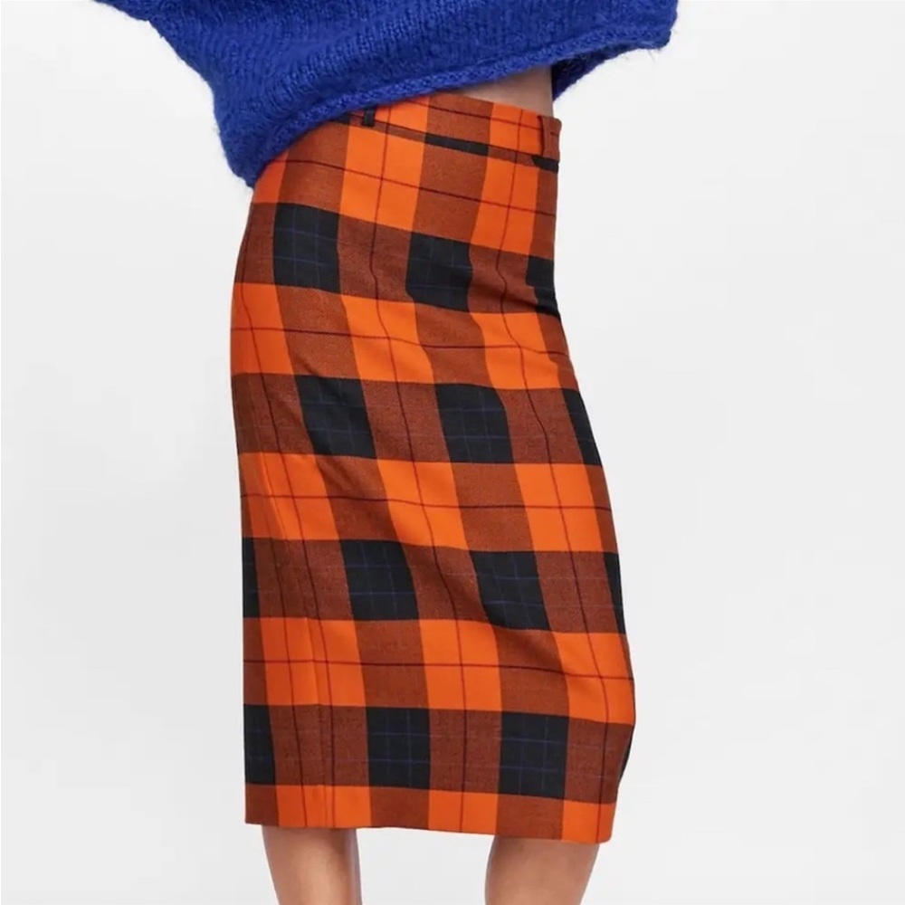 Zara Orange Plaid Pencil Skirt
